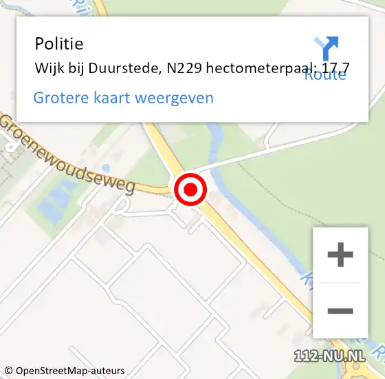 Locatie op kaart van de 112 melding: Politie Wijk bij Duurstede, N229 hectometerpaal: 17,7 op 6 augustus 2024 19:53