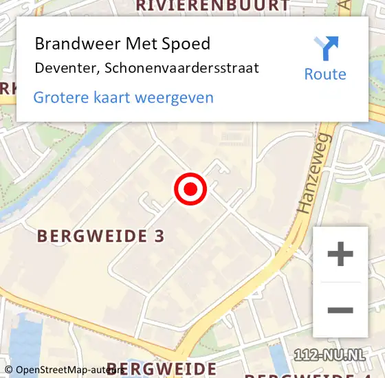 Locatie op kaart van de 112 melding: Brandweer Met Spoed Naar Deventer, Schonenvaardersstraat op 6 augustus 2024 21:08