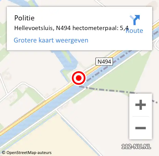 Locatie op kaart van de 112 melding: Politie Hellevoetsluis, N494 hectometerpaal: 5,4 op 6 augustus 2024 21:12