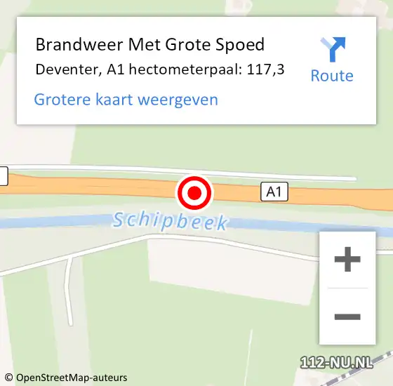 Locatie op kaart van de 112 melding: Brandweer Met Grote Spoed Naar Deventer, A1 hectometerpaal: 117,3 op 6 augustus 2024 21:32