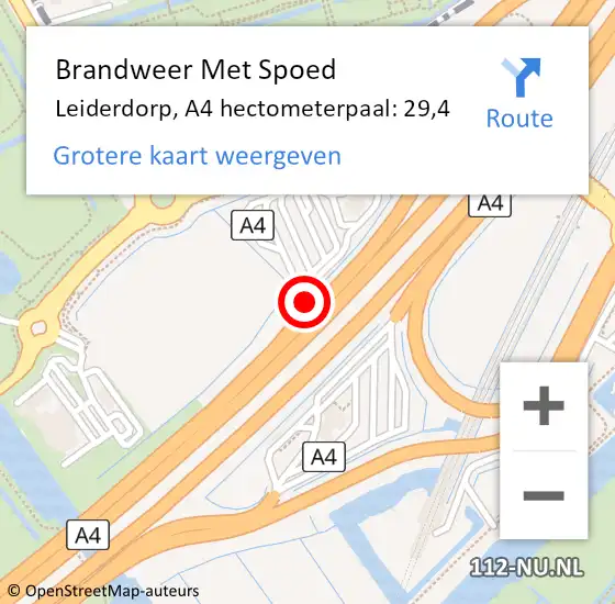 Locatie op kaart van de 112 melding: Brandweer Met Spoed Naar Leiderdorp, A4 hectometerpaal: 29,4 op 6 augustus 2024 22:51