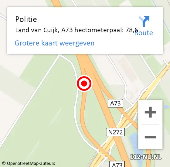 Locatie op kaart van de 112 melding: Politie Land van Cuijk, A73 hectometerpaal: 78,6 op 7 augustus 2024 05:41