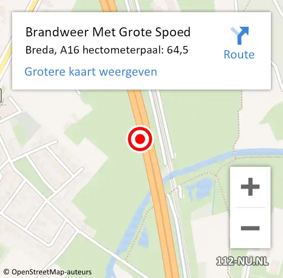 Locatie op kaart van de 112 melding: Brandweer Met Grote Spoed Naar Breda, A16 hectometerpaal: 64,5 op 7 augustus 2024 05:51