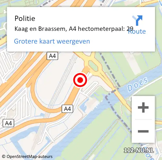 Locatie op kaart van de 112 melding: Politie Kaag en Braassem, A4 hectometerpaal: 29 op 7 augustus 2024 08:58