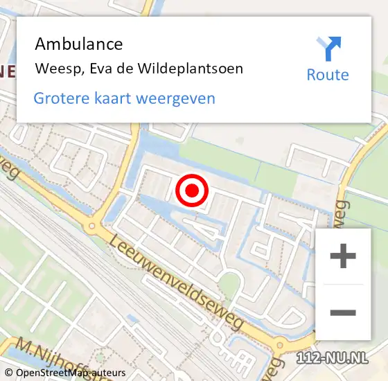 Locatie op kaart van de 112 melding: Ambulance Weesp, Eva de Wildeplantsoen op 15 oktober 2014 15:35