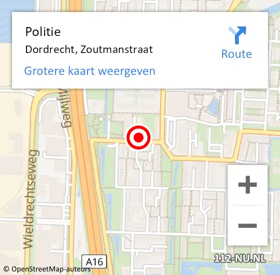 Locatie op kaart van de 112 melding: Politie Dordrecht, Zoutmanstraat op 7 augustus 2024 11:10