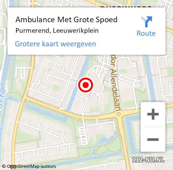 Locatie op kaart van de 112 melding: Ambulance Met Grote Spoed Naar Purmerend, Leeuwerikplein op 7 augustus 2024 13:53