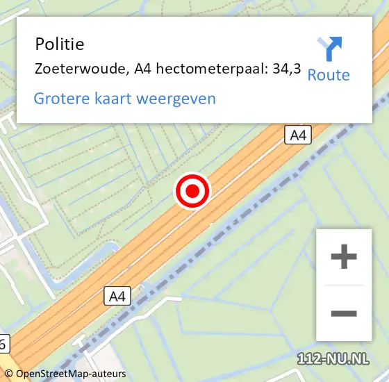 Locatie op kaart van de 112 melding: Politie Zoeterwoude, A4 hectometerpaal: 34,3 op 7 augustus 2024 16:07