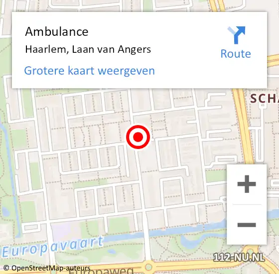 Locatie op kaart van de 112 melding: Ambulance Haarlem, Laan van Angers op 7 augustus 2024 16:48