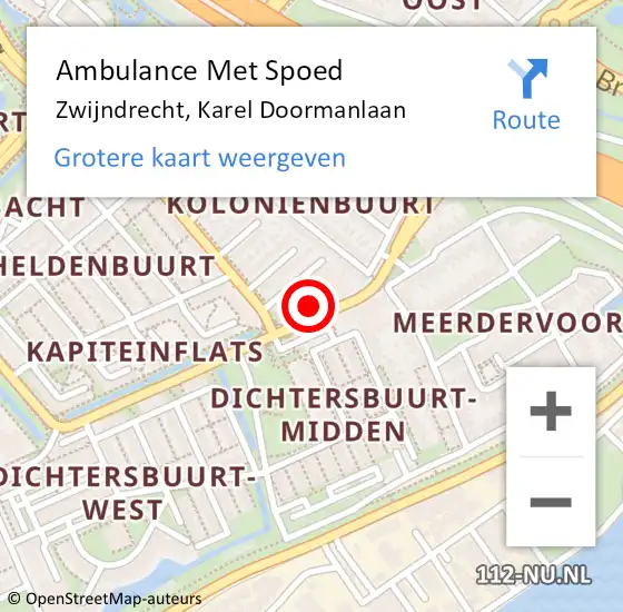 Locatie op kaart van de 112 melding: Ambulance Met Spoed Naar Zwijndrecht, Karel Doormanlaan op 7 augustus 2024 17:02