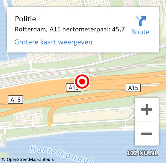 Locatie op kaart van de 112 melding: Politie Rotterdam, A15 hectometerpaal: 45,7 op 7 augustus 2024 17:24