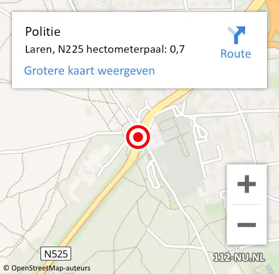 Locatie op kaart van de 112 melding: Politie Laren, N225 hectometerpaal: 0,7 op 7 augustus 2024 17:46