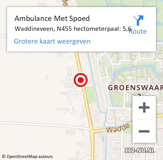 Locatie op kaart van de 112 melding: Ambulance Met Spoed Naar Waddinxveen, N455 hectometerpaal: 5,6 op 7 augustus 2024 17:50