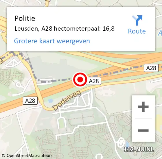 Locatie op kaart van de 112 melding: Politie Leusden, A28 hectometerpaal: 16,8 op 7 augustus 2024 18:13