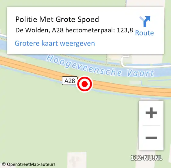 Locatie op kaart van de 112 melding: Politie Met Grote Spoed Naar De Wolden, A28 hectometerpaal: 123,8 op 7 augustus 2024 18:25