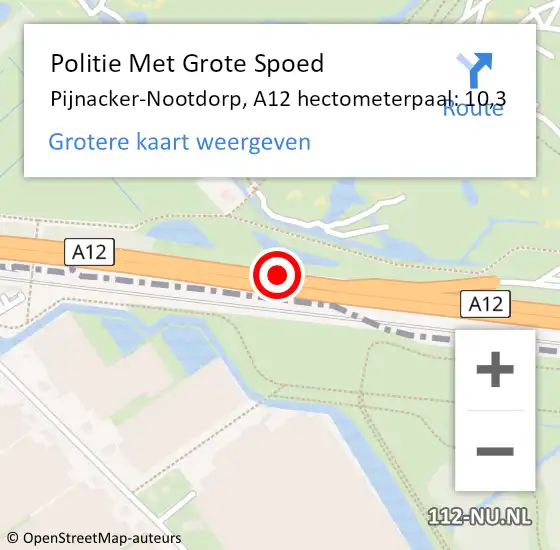 Locatie op kaart van de 112 melding: Politie Met Grote Spoed Naar Pijnacker-Nootdorp, A12 hectometerpaal: 10,3 op 7 augustus 2024 18:31