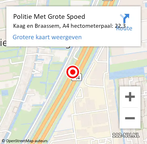 Locatie op kaart van de 112 melding: Politie Met Grote Spoed Naar Kaag en Braassem, A4 hectometerpaal: 22,3 op 7 augustus 2024 19:42