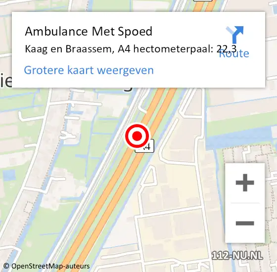 Locatie op kaart van de 112 melding: Ambulance Met Spoed Naar Kaag en Braassem, A4 hectometerpaal: 22,3 op 7 augustus 2024 19:59