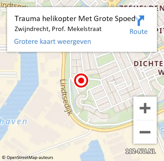 Locatie op kaart van de 112 melding: Trauma helikopter Met Grote Spoed Naar Zwijndrecht, Prof. Mekelstraat op 7 augustus 2024 21:50