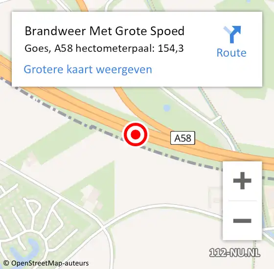 Locatie op kaart van de 112 melding: Brandweer Met Grote Spoed Naar Goes, A58 hectometerpaal: 154,3 op 7 augustus 2024 23:05