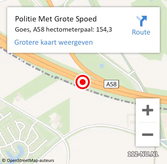 Locatie op kaart van de 112 melding: Politie Met Grote Spoed Naar Goes, A58 hectometerpaal: 154,3 op 7 augustus 2024 23:07