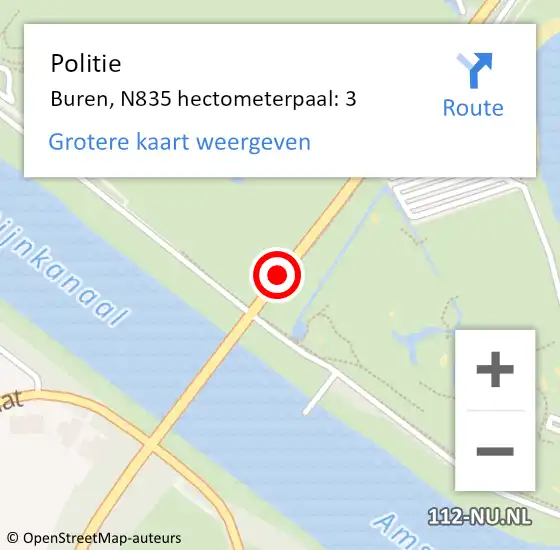 Locatie op kaart van de 112 melding: Politie Buren, N835 hectometerpaal: 3 op 7 augustus 2024 23:46