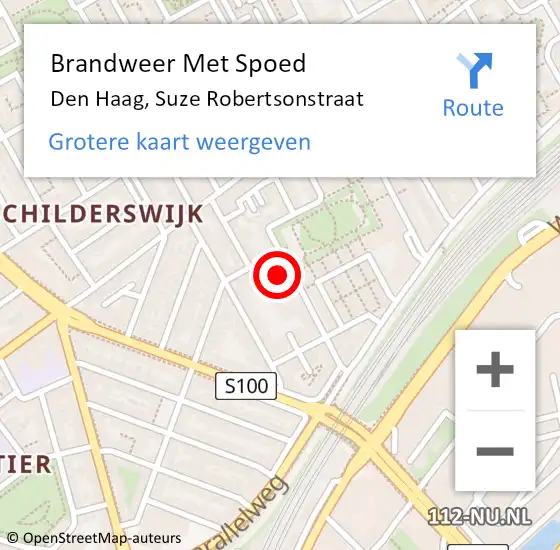 Locatie op kaart van de 112 melding: Brandweer Met Spoed Naar Den Haag, Suze Robertsonstraat op 8 augustus 2024 00:31