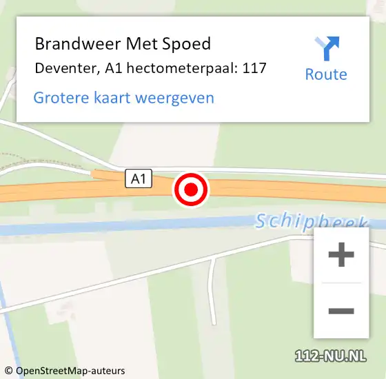 Locatie op kaart van de 112 melding: Brandweer Met Spoed Naar Deventer, A1 hectometerpaal: 117 op 8 augustus 2024 05:51