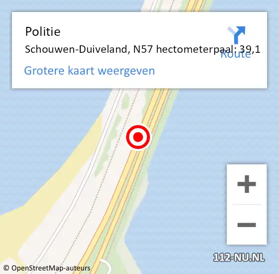 Locatie op kaart van de 112 melding: Politie Schouwen-Duiveland, N57 hectometerpaal: 39,1 op 8 augustus 2024 06:44