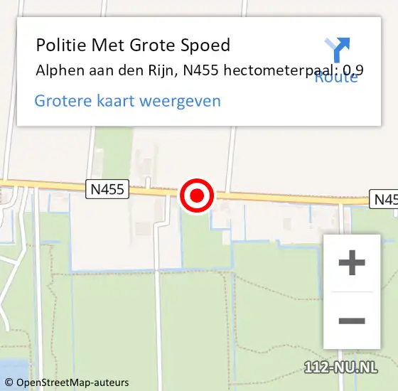 Locatie op kaart van de 112 melding: Politie Met Grote Spoed Naar Alphen aan den Rijn, N455 hectometerpaal: 0,9 op 8 augustus 2024 07:09