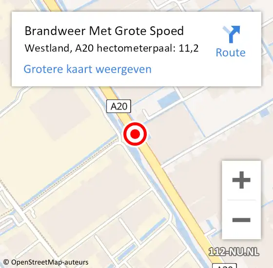 Locatie op kaart van de 112 melding: Brandweer Met Grote Spoed Naar Westland, A20 hectometerpaal: 11,2 op 8 augustus 2024 07:40