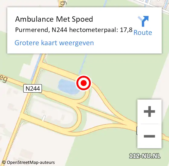 Locatie op kaart van de 112 melding: Ambulance Met Spoed Naar Purmerend, N244 hectometerpaal: 17,8 op 8 augustus 2024 09:43