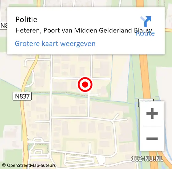 Locatie op kaart van de 112 melding: Politie Heteren, Poort van Midden Gelderland Blauw op 8 augustus 2024 10:22