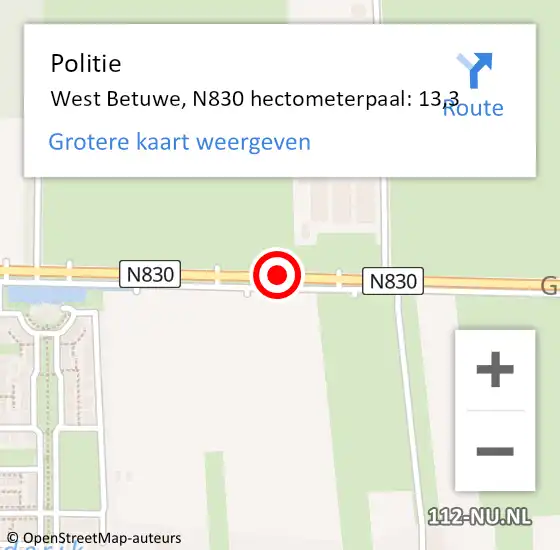 Locatie op kaart van de 112 melding: Politie West Betuwe, N830 hectometerpaal: 13,3 op 8 augustus 2024 10:34