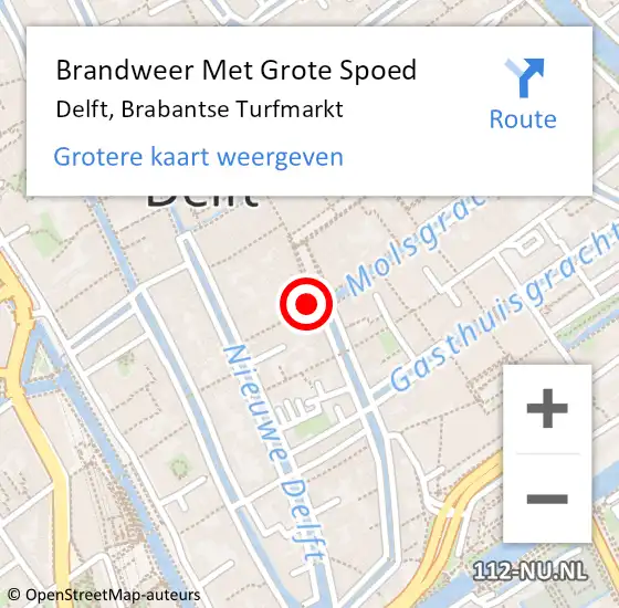 Locatie op kaart van de 112 melding: Brandweer Met Grote Spoed Naar Delft, Brabantse Turfmarkt op 8 augustus 2024 10:37