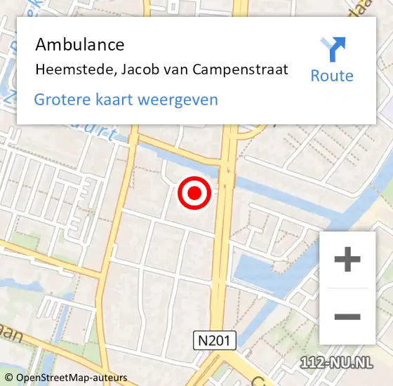 Locatie op kaart van de 112 melding: Ambulance Heemstede, Jacob van Campenstraat op 8 augustus 2024 10:58