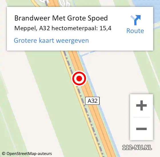 Locatie op kaart van de 112 melding: Brandweer Met Grote Spoed Naar Meppel, A32 hectometerpaal: 15,4 op 8 augustus 2024 12:37