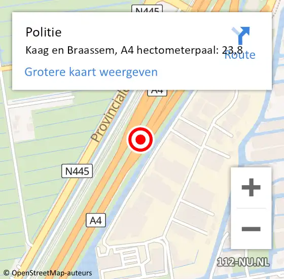 Locatie op kaart van de 112 melding: Politie Kaag en Braassem, A4 hectometerpaal: 23,8 op 8 augustus 2024 12:45