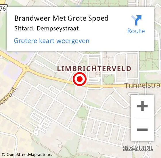 Locatie op kaart van de 112 melding: Brandweer Met Grote Spoed Naar Sittard, Dempseystraat op 8 augustus 2024 12:49