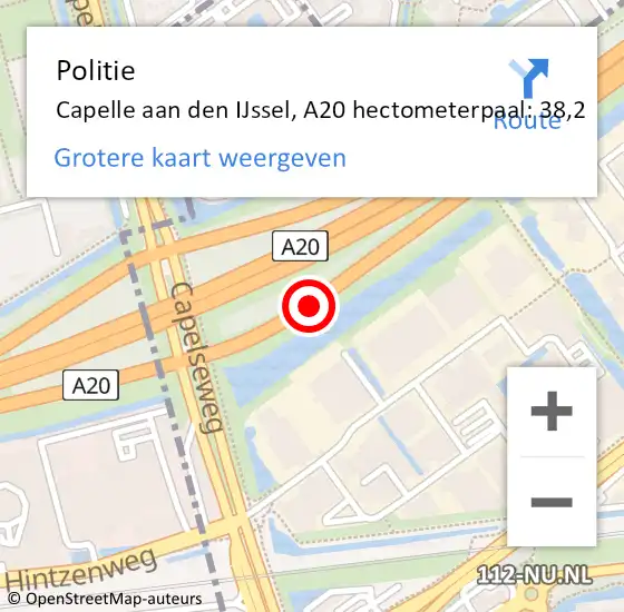 Locatie op kaart van de 112 melding: Politie Capelle aan den IJssel, A20 hectometerpaal: 38,2 op 8 augustus 2024 13:44