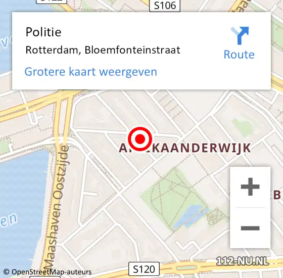 Locatie op kaart van de 112 melding: Politie Rotterdam, Bloemfonteinstraat op 8 augustus 2024 13:46