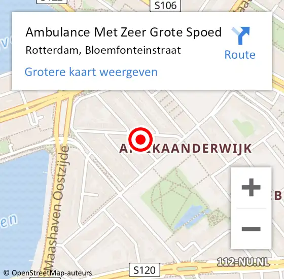 Locatie op kaart van de 112 melding: Ambulance Met Zeer Grote Spoed Naar Rotterdam, Bloemfonteinstraat op 8 augustus 2024 13:46