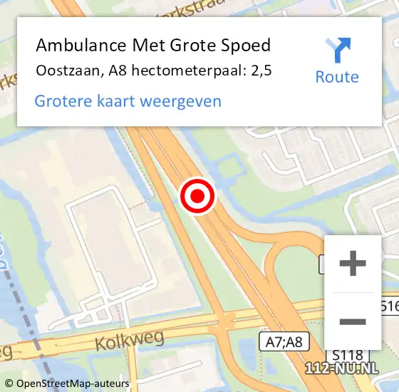 Locatie op kaart van de 112 melding: Ambulance Met Grote Spoed Naar Oostzaan, A8 hectometerpaal: 2,5 op 8 augustus 2024 13:49