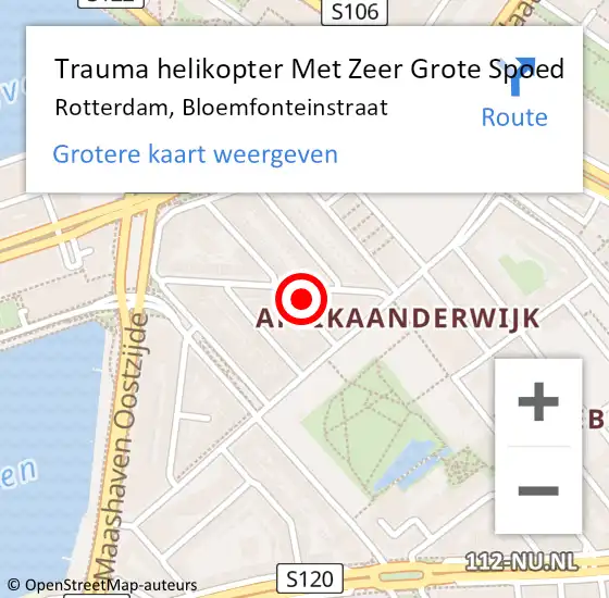 Locatie op kaart van de 112 melding: Trauma helikopter Met Zeer Grote Spoed Naar Rotterdam, Bloemfonteinstraat op 8 augustus 2024 13:49