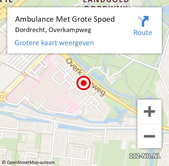 Locatie op kaart van de 112 melding: Ambulance Met Grote Spoed Naar Dordrecht, Overkampweg op 8 augustus 2024 15:18