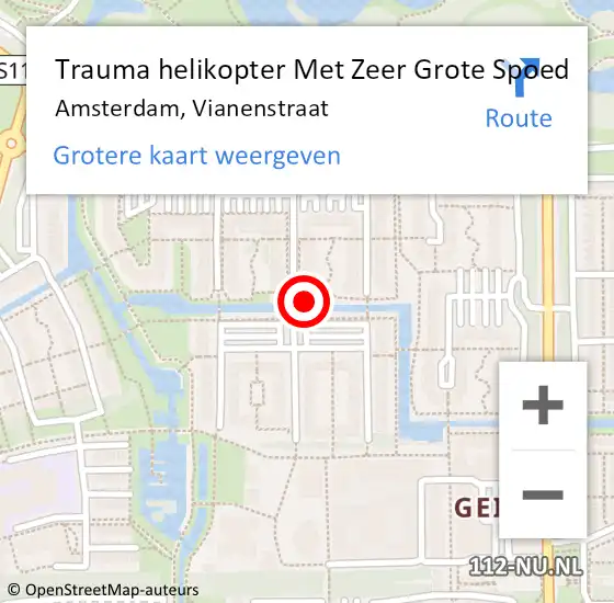 Locatie op kaart van de 112 melding: Trauma helikopter Met Zeer Grote Spoed Naar Amsterdam, Vianenstraat op 8 augustus 2024 15:58