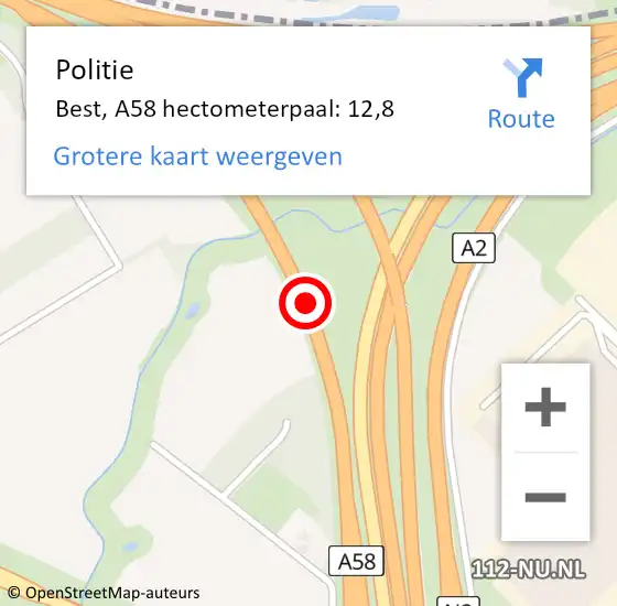 Locatie op kaart van de 112 melding: Politie Best, A58 hectometerpaal: 12,8 op 8 augustus 2024 16:32