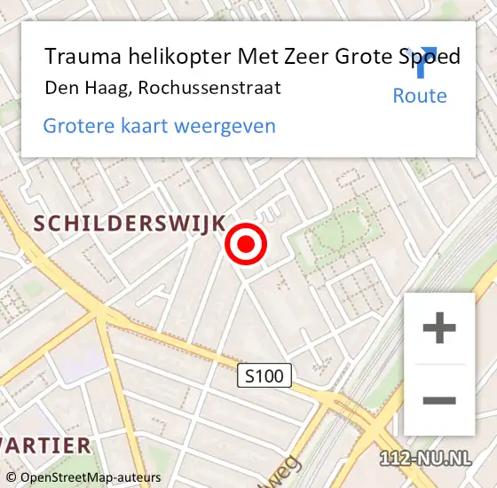 Locatie op kaart van de 112 melding: Trauma helikopter Met Zeer Grote Spoed Naar Den Haag, Rochussenstraat op 8 augustus 2024 16:51