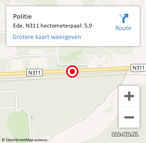 Locatie op kaart van de 112 melding: Politie Ede, N311 hectometerpaal: 5,9 op 8 augustus 2024 17:26