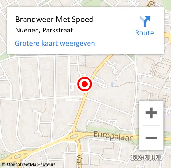 Locatie op kaart van de 112 melding: Brandweer Met Spoed Naar Nuenen, Parkstraat op 8 augustus 2024 17:35